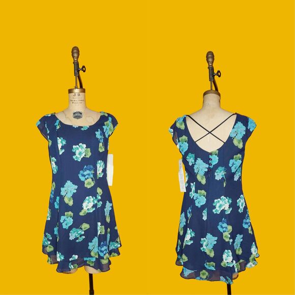 NWT 1990s-Y2K CDC EVENING FloralRuffle Cross Back Boxy Mini Dress.L-XL - Picture 1 of 10